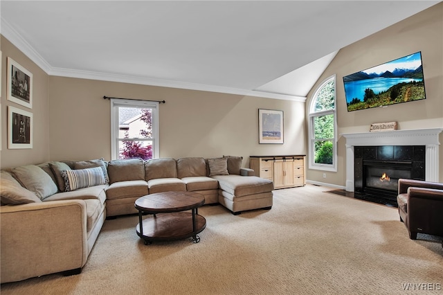 9210 Via Cimato Dr, Clarence, NY 14032 - carpeted living area featuring ornamental molding, healthy amount of natural light, a tile fireplace, and lofted ceiling