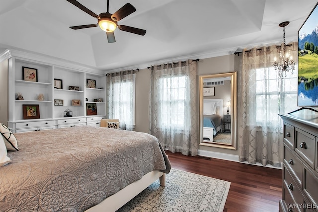 9210 Via Cimato Dr, Clarence, NY 14032 - bedroom featuring a chandelier, dark wood-style floors, ceiling fan, and vaulted ceiling