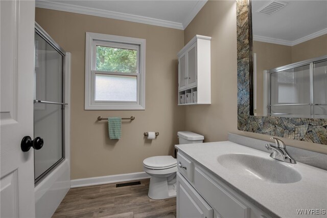 9210 Via Cimato Dr, Clarence, NY 14032 - full bath with crown molding, vanity, wood finished floors, and combined bath / shower with glass door