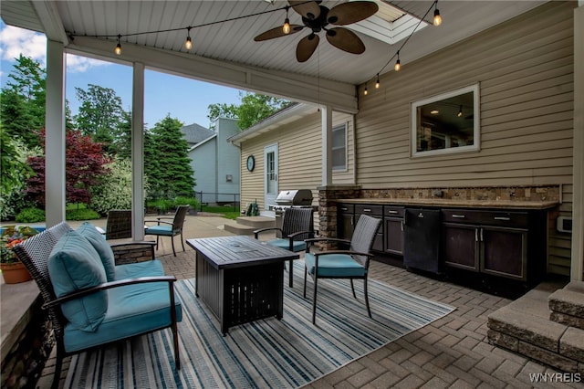 9210 Via Cimato Dr, Clarence, NY 14032 - view of patio with an outdoor kitchen, an outdoor living space with a fire pit, and a ceiling fan