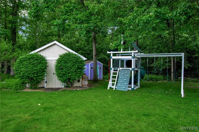 9210 Via Cimato Dr, Clarence, NY 14032 - view of yard with a storage unit and a playground