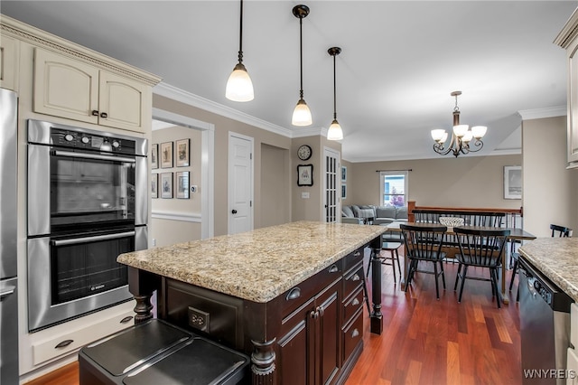 9210 Via Cimato Dr, Clarence, NY 14032 - kitchen featuring stainless steel appliances, cream cabinets, dark wood-style flooring, crown molding, and a chandelier