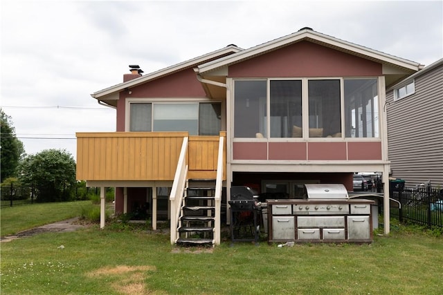 1602 Edgemere Dr, Greece, NY 14612 - back of property with a sunroom, stairs, a chimney, and stucco siding