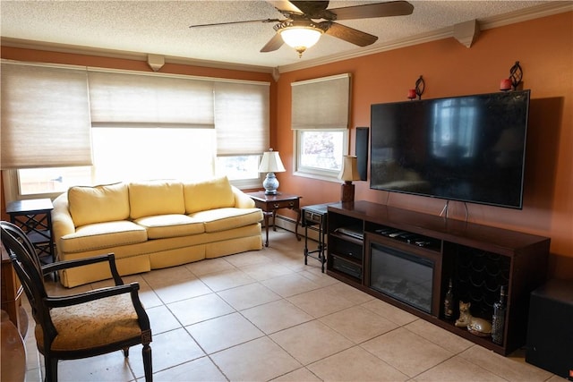 1602 Edgemere Dr, Greece, NY 14612 - living room featuring crown molding, a textured ceiling, ceiling fan, light tile patterned floors, and a baseboard heating unit