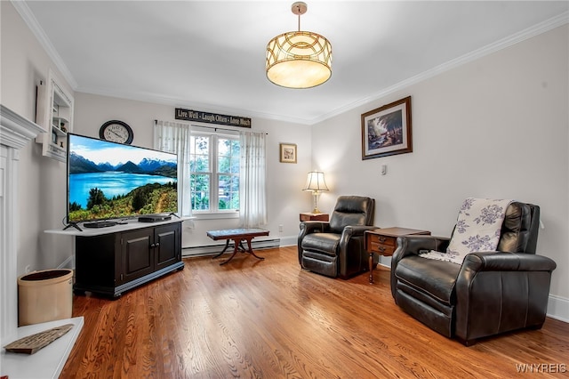 87 Pasadena Pl, Amherst, NY 14221 - living area with baseboard heating, light wood finished floors, and ornamental molding