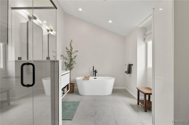 13 Thames Ct, Amherst, NY 14221 - full bath with a freestanding tub, vanity, a stall shower, lofted ceiling, and recessed lighting