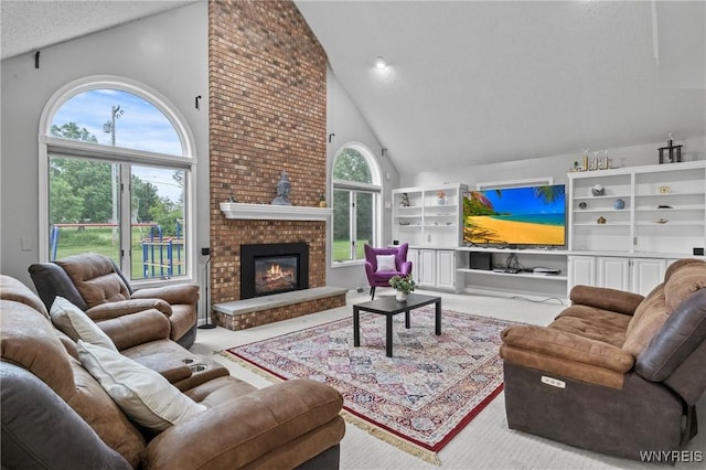 5103 Eastbrooke Pl, Clarence, NY 14221 - living room with high vaulted ceiling, carpet floors, a brick fireplace, and a textured ceiling