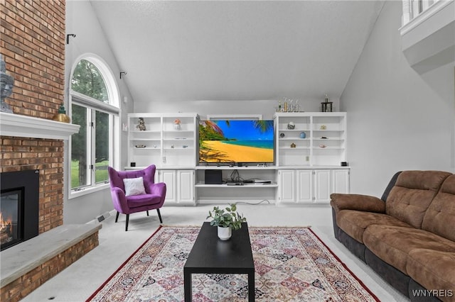 5103 Eastbrooke Pl, Clarence, NY 14221 - living room featuring a fireplace, light carpet, and high vaulted ceiling
