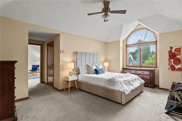5103 Eastbrooke Pl, Clarence, NY 14221 - bedroom featuring light colored carpet, vaulted ceiling, a textured ceiling, and a ceiling fan