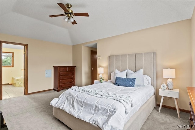 5103 Eastbrooke Pl, Clarence, NY 14221 - bedroom featuring carpet floors, vaulted ceiling, a ceiling fan, and connected bathroom