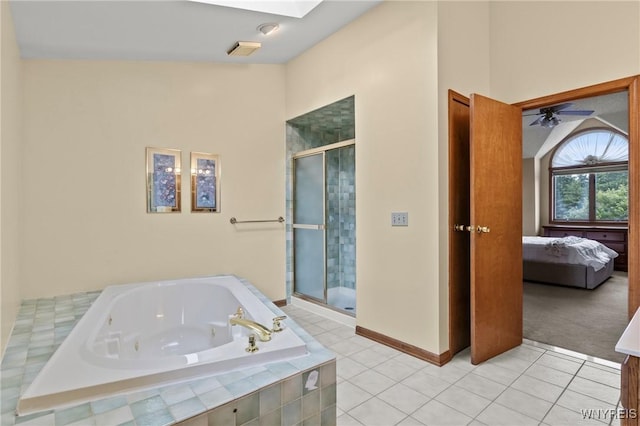 5103 Eastbrooke Pl, Clarence, NY 14221 - bathroom with a stall shower, a tub with jets, ensuite bath, tile patterned floors, and a ceiling fan