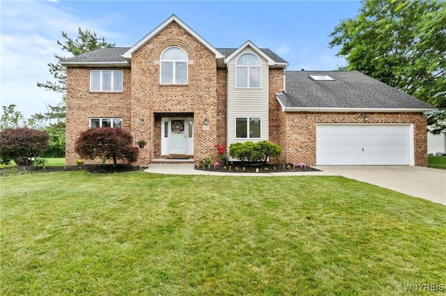 5103 Eastbrooke Pl, Clarence, NY 14221 - view of front facade featuring driveway, a front lawn, brick siding, an attached garage, and roof with shingles