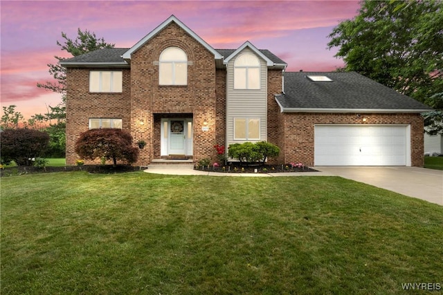 5103 Eastbrooke Pl, Clarence, NY 14221 - traditional-style home with driveway, a front yard, a garage, brick siding, and roof with shingles