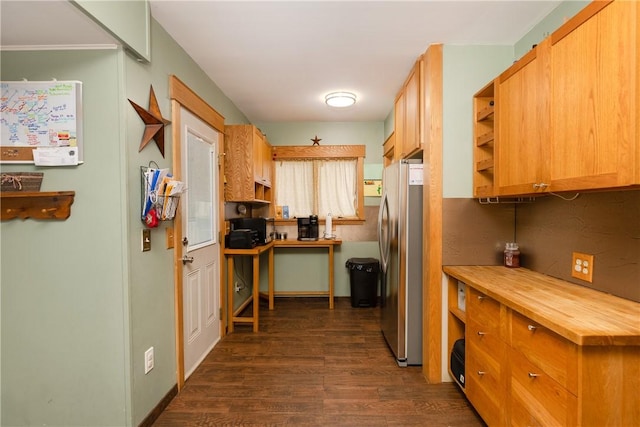 109 Oakwood Ave, Elmira, NY 14903 - kitchen with freestanding refrigerator, dark wood finished floors, open shelves, a desk, and butcher block countertops