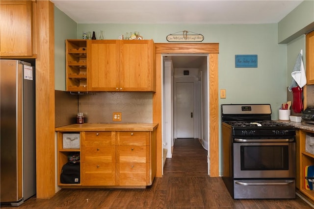 109 Oakwood Ave, Elmira, NY 14903 - kitchen featuring gas range, refrigerator, open shelves, and dark wood-style floors