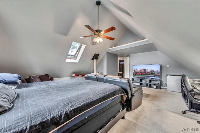 295 Continental Dr, Lockport City, NY 14094 - bedroom featuring a skylight, lofted ceiling, carpet, and ceiling fan