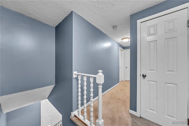 295 Continental Dr, Lockport City, NY 14094 - hallway featuring an upstairs landing, a textured ceiling, and carpet flooring