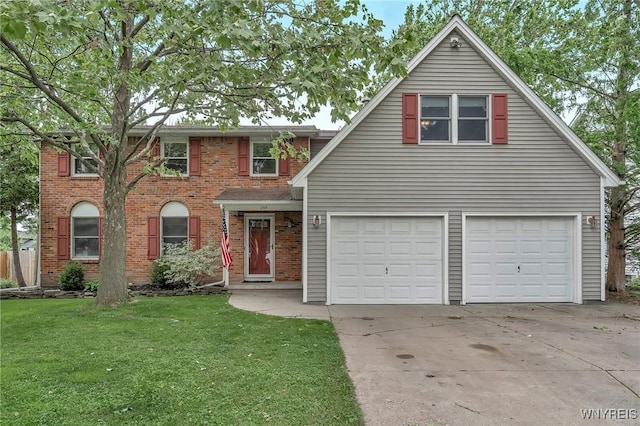 295 Continental Dr, Lockport City, NY 14094 - view of front facade featuring driveway, a front yard, brick siding, and a garage