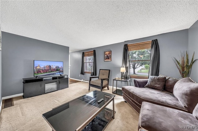 295 Continental Dr, Lockport City, NY 14094 - living area featuring carpet, a textured ceiling, and a baseboard radiator