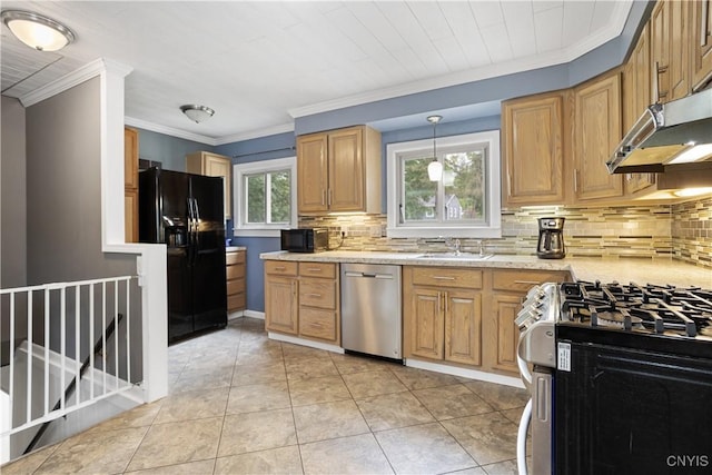 129 Butternut Dr, Dewitt, NY 13214 - kitchen featuring black appliances, under cabinet range hood, tasteful backsplash, crown molding, and light stone counters
