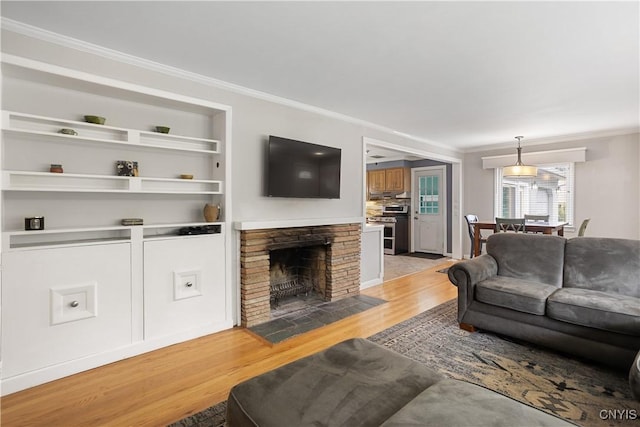 129 Butternut Dr, Dewitt, NY 13214 - living room featuring light wood-style floors, ornamental molding, a fireplace with flush hearth, and built in shelves