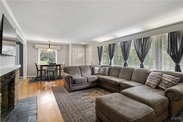 129 Butternut Dr, Dewitt, NY 13214 - living area with crown molding, wood finished floors, and a fireplace