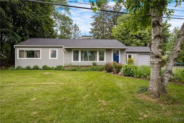 129 Butternut Dr, Dewitt, NY 13214 - ranch-style house featuring an attached garage, a front yard, a chimney, and roof with shingles