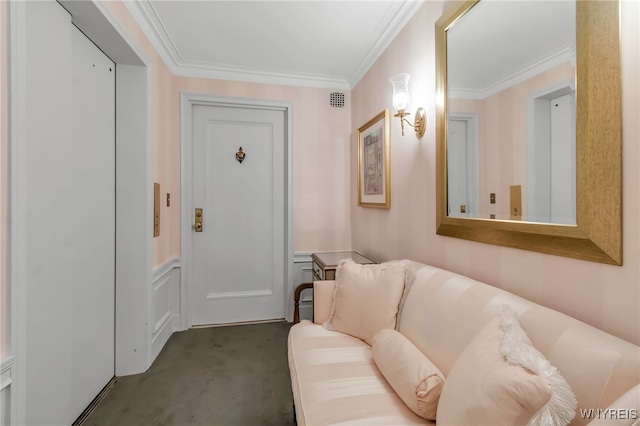 33 Gates Cir Unit 6B, Buffalo, NY 14222 - interior space with a decorative wall, ornamental molding, wainscoting, and carpet flooring