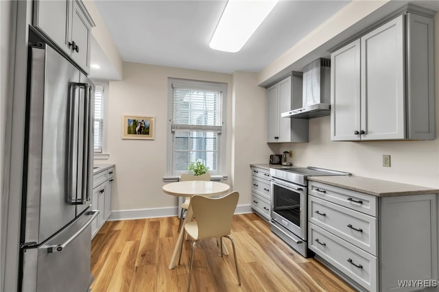 33 Gates Cir Unit 6B, Buffalo, NY 14222 - kitchen featuring stainless steel appliances, wall chimney exhaust hood, light wood finished floors, and gray cabinetry