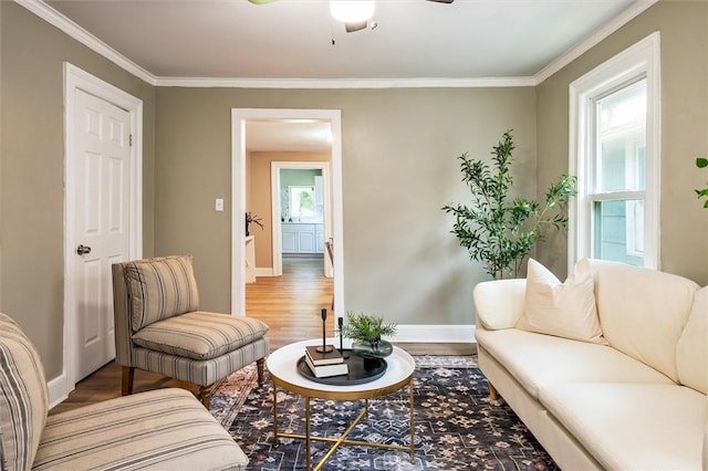 69 Diem St, Rochester, NY 14620 - living room with wood finished floors, crown molding, and ceiling fan