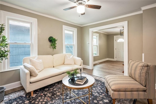 69 Diem St, Rochester, NY 14620 - living room with wood finished floors, a ceiling fan, and crown molding