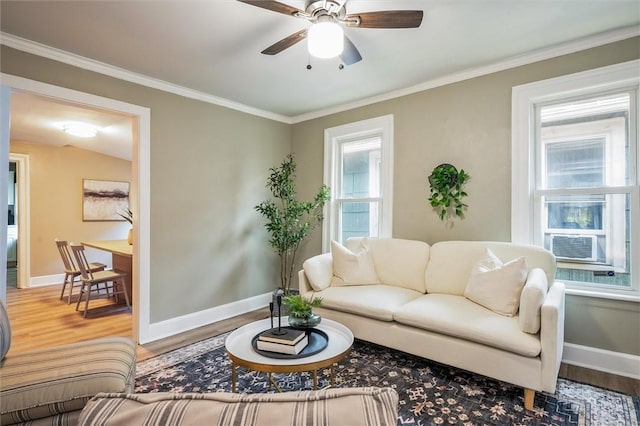 69 Diem St, Rochester, NY 14620 - living area with wood finished floors, ceiling fan, crown molding, and cooling unit