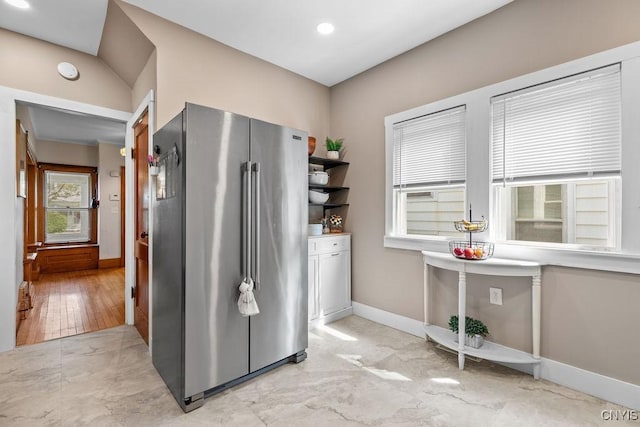 133 Bryant Ave, Syracuse, NY 13204 - kitchen featuring high quality fridge, light marble finish flooring, recessed lighting, and open shelves