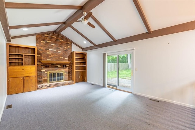 10 Chesfield Lookout, Perinton, NY 14450 - unfurnished living room with ceiling fan, carpet, a fireplace, and recessed lighting