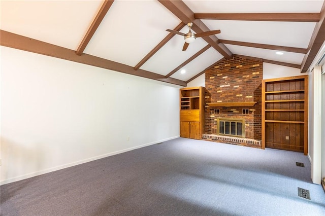 10 Chesfield Lookout, Perinton, NY 14450 - unfurnished living room with a ceiling fan, a brick fireplace, and carpet