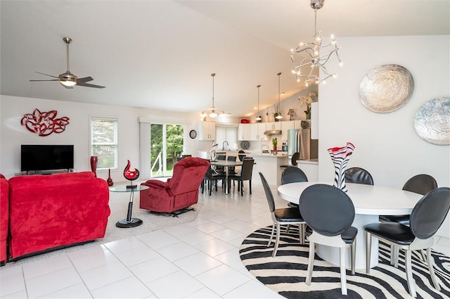 8 Brongo Ln, Gates, NY 14559 - dining space featuring vaulted ceiling, a chandelier, and ceiling fan