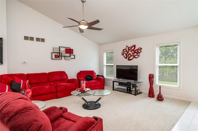 8 Brongo Ln, Gates, NY 14559 - carpeted living room with a ceiling fan and vaulted ceiling