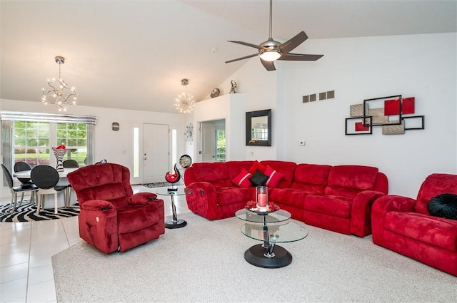 8 Brongo Ln, Gates, NY 14559 - living area featuring a chandelier, ceiling fan, high vaulted ceiling, and tile patterned flooring
