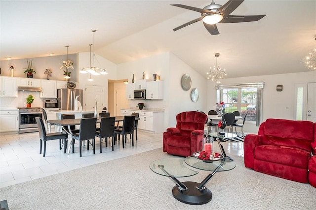 8 Brongo Ln, Gates, NY 14559 - living area featuring a chandelier, ceiling fan, high vaulted ceiling, and light tile patterned floors