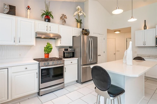 8 Brongo Ln, Gates, NY 14559 - kitchen featuring appliances with stainless steel finishes, under cabinet range hood, light tile patterned floors, white cabinets, and light countertops