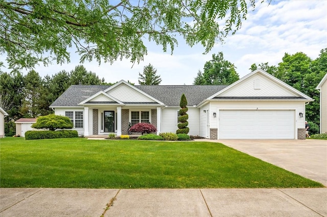 8 Brongo Ln, Gates, NY 14559 - ranch-style home with concrete driveway, a front lawn, an attached garage, brick siding, and a shingled roof