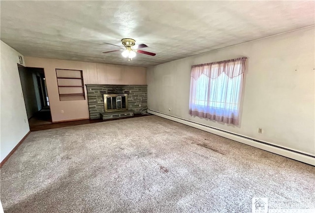 3194 Cranberry Rd, Allegany, NY 14760 - unfurnished living room featuring a ceiling fan, carpet floors, a baseboard radiator, and a fireplace