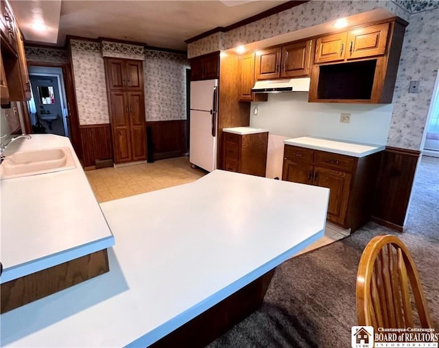 3194 Cranberry Rd, Allegany, NY 14760 - kitchen featuring wallpapered walls, freestanding refrigerator, under cabinet range hood, a wainscoted wall, and wooden walls