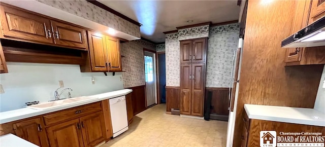 3194 Cranberry Rd, Allegany, NY 14760 - kitchen featuring white appliances, wallpapered walls, a wainscoted wall, light floors, and under cabinet range hood