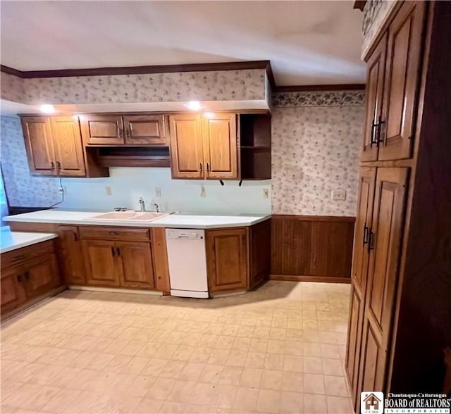 3194 Cranberry Rd, Allegany, NY 14760 - kitchen featuring wallpapered walls, open shelves, white dishwasher, a wainscoted wall, and light floors