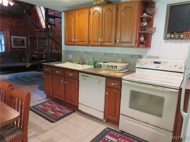 8211 Elmwood Dr, Rushford, NY 14717 - kitchen with white appliances, light tile patterned flooring, backsplash, brown cabinets, and open shelves