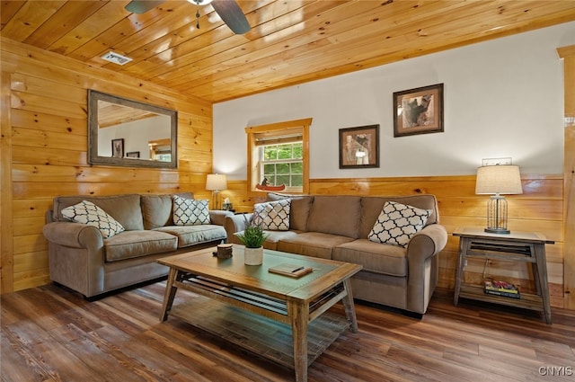 224 Macarthur Rd, Russia, NY 13324 - living room featuring wood walls, wood ceiling, wood finished floors, ceiling fan, and wainscoting
