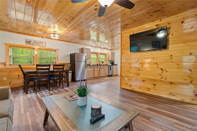 224 Macarthur Rd, Russia, NY 13324 - living area with wood finished floors, wooden walls, wooden ceiling, and a ceiling fan