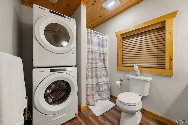 224 Macarthur Rd, Russia, NY 13324 - washroom with stacked washer / dryer, wood finished floors, and wood ceiling