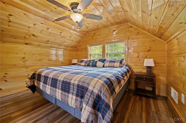 224 Macarthur Rd, Russia, NY 13324 - bedroom featuring vaulted ceiling, hardwood / wood-style floors, wooden ceiling, wooden walls, and a ceiling fan